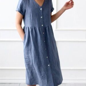 Linen dress with button closure in denim blue color / OFFON Clothing (XL)